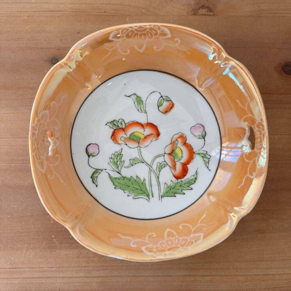 Vintage Lusterware Hand Painted Peach Floral Ceramic Serving Bowl Dish Japan
